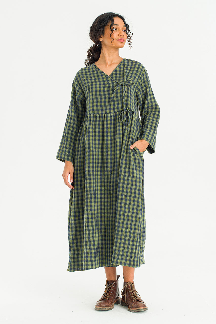 Tasha Double Face Wrap Check Dress, Green