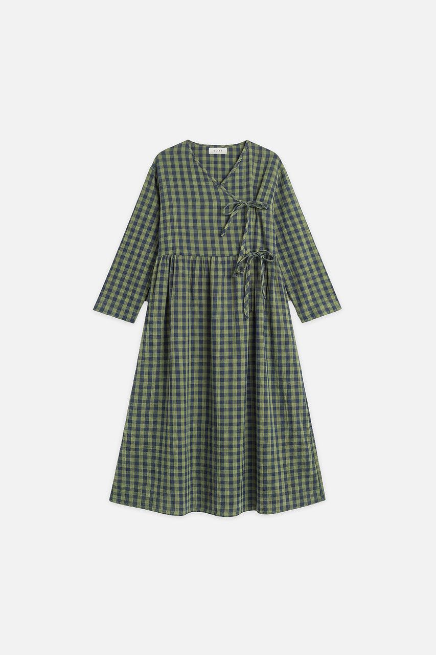Tasha Double Face Wrap Check Dress, Green