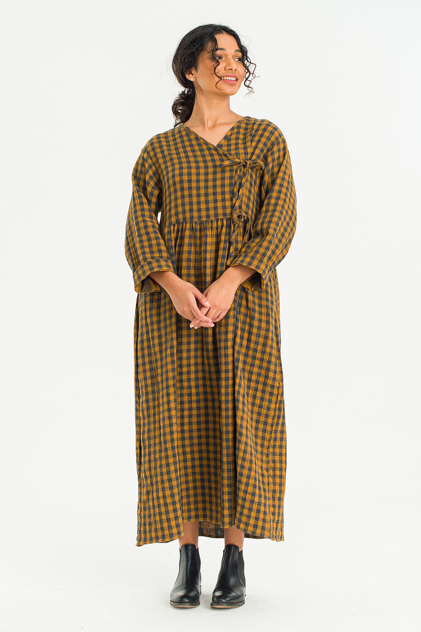 Tasha Double Face Wrap Check Dress, Mustard