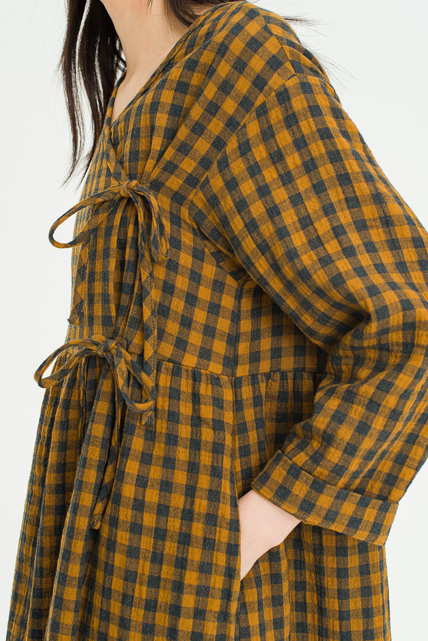 Tasha Double Face Wrap Check Dress, Mustard
