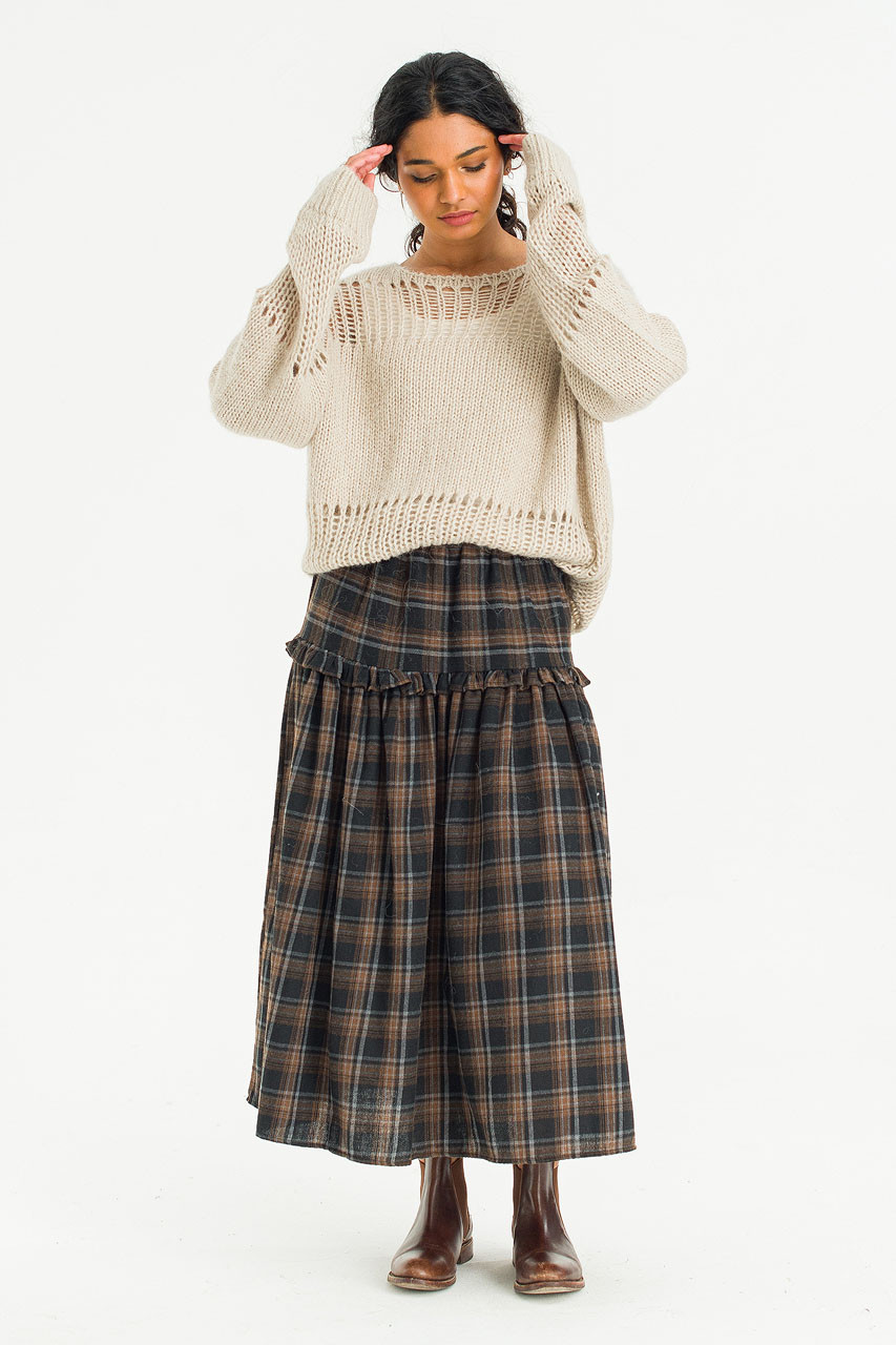 Bori Check Mid Length Skirt, Black