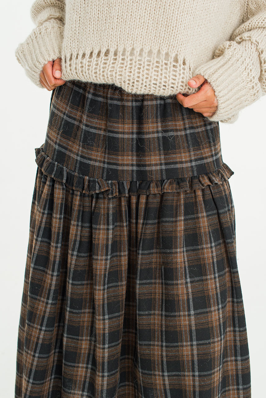 Bori Check Mid Length Skirt, Black