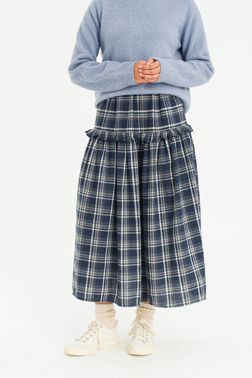 Bori Check Mid Length Skirt, Navy
