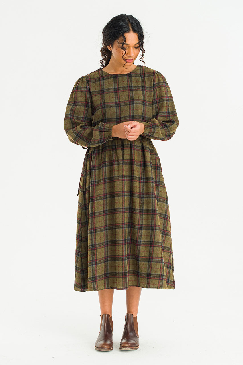 Rove Pin Tuck Check Dress, Olive