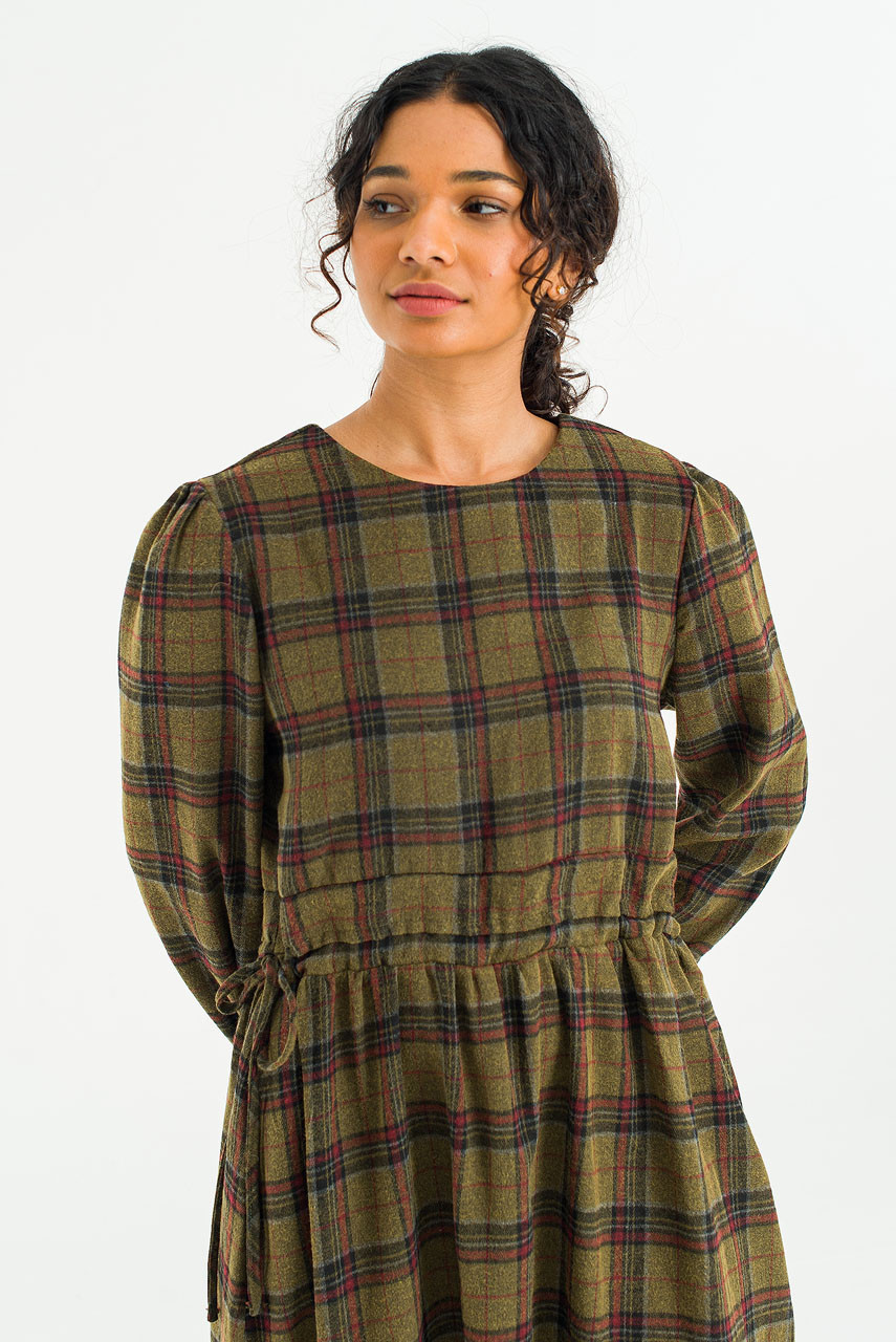 Rove Pin Tuck Check Dress, Olive