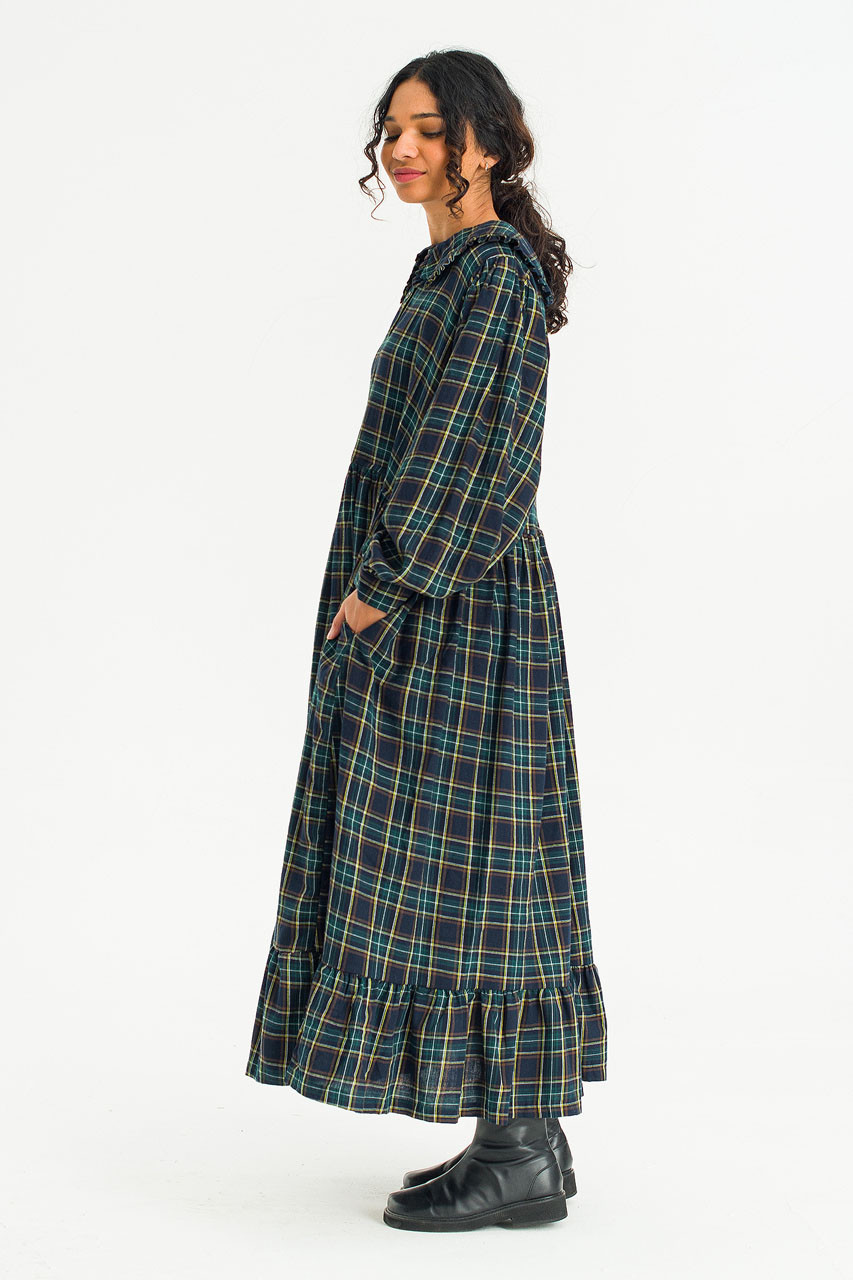 Aki Check Long Dress, Deep Green