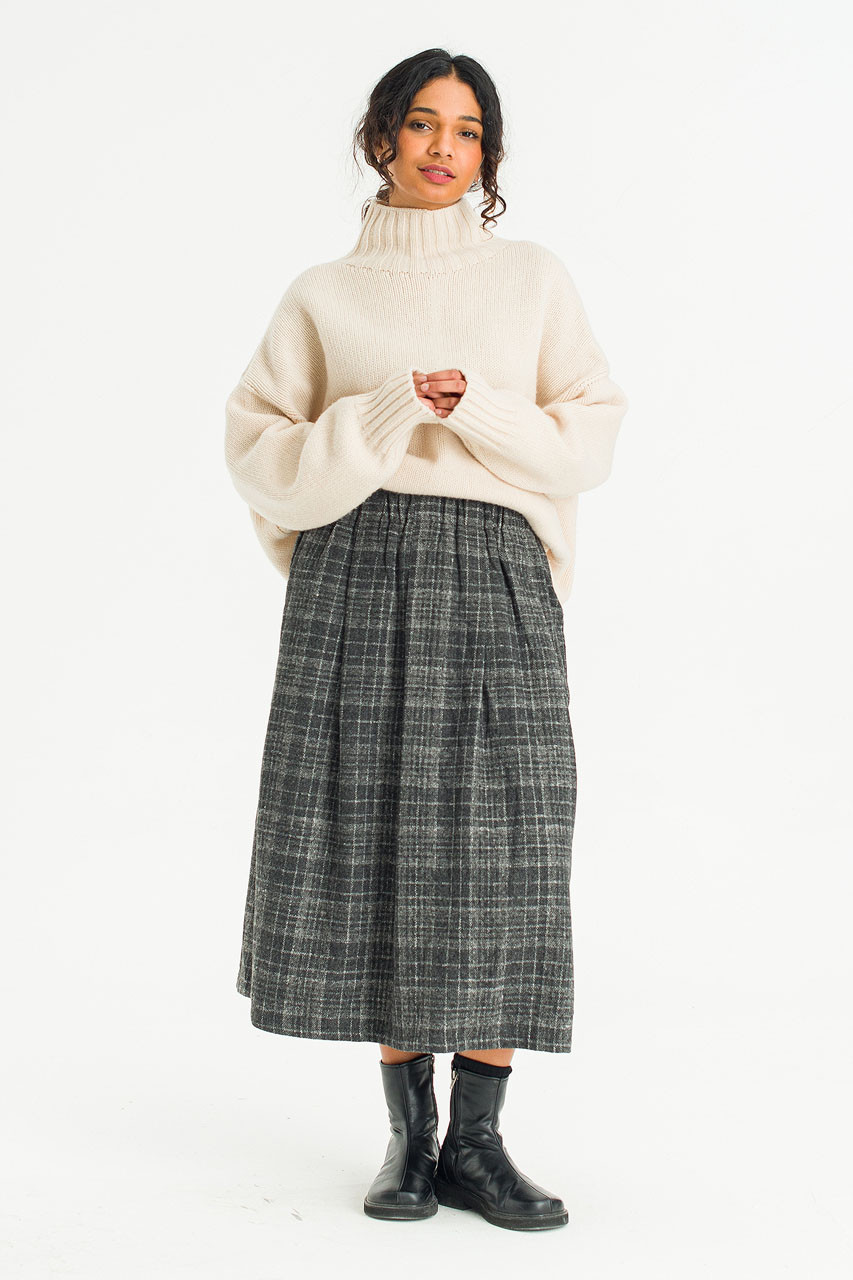 Mere Check Long Skirt, Grey