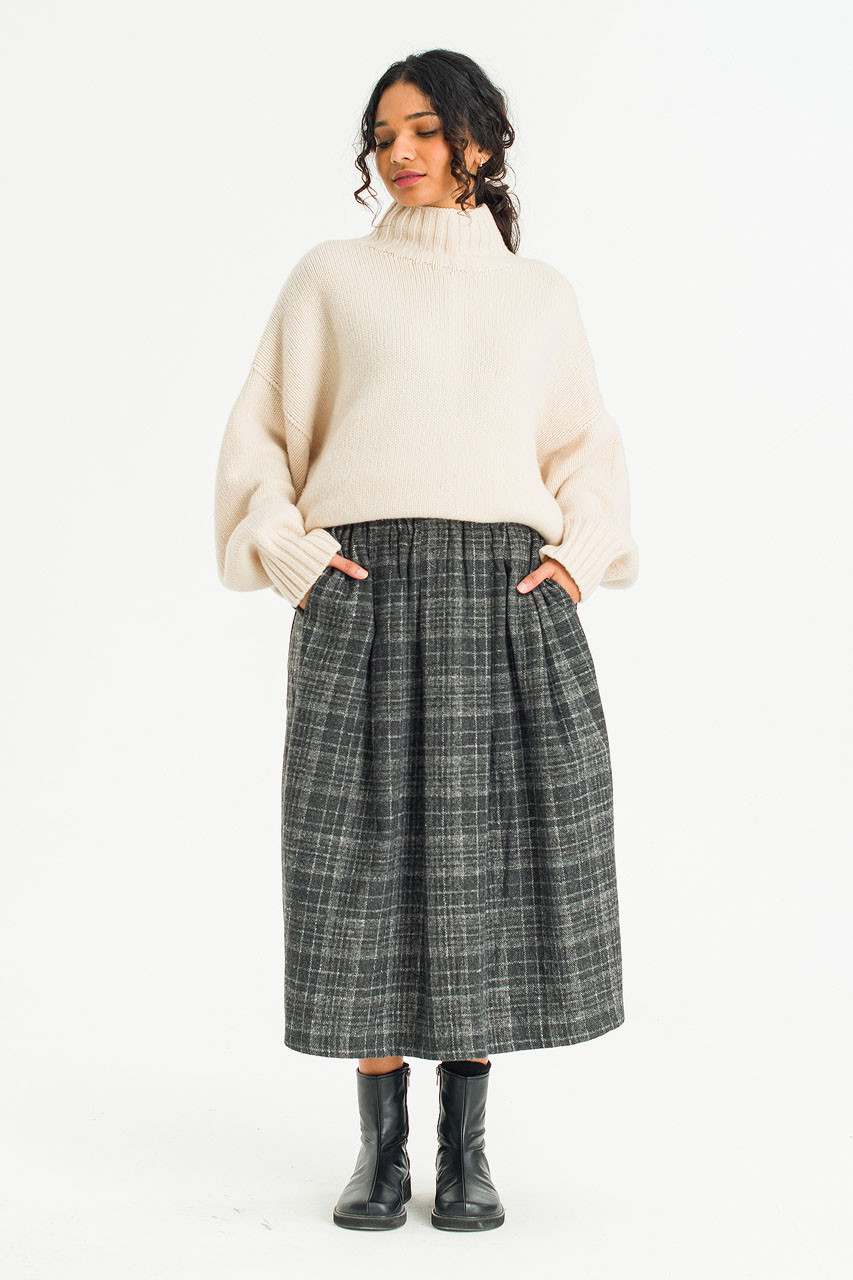 Mere Check Long Skirt, Grey