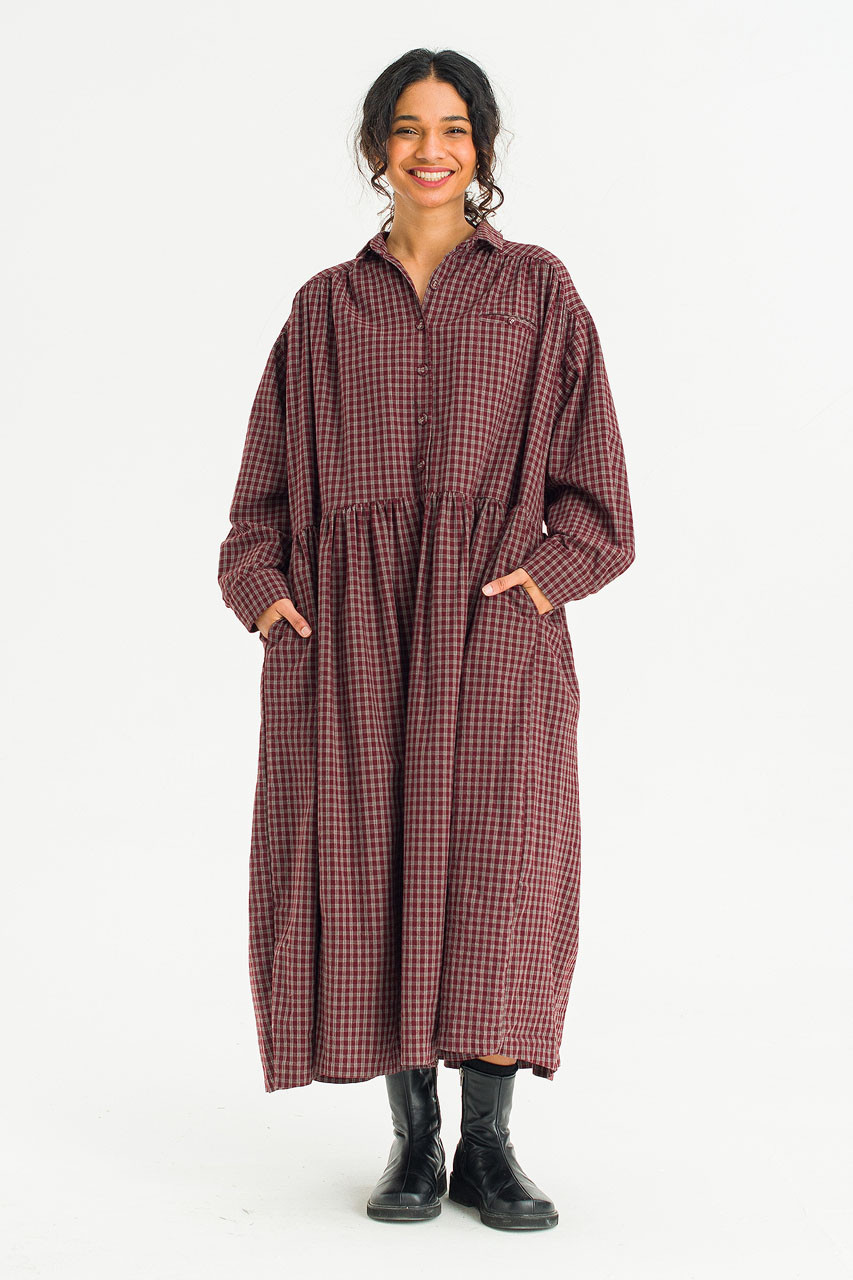 Harbor Check Shirt Dress, Burgundy