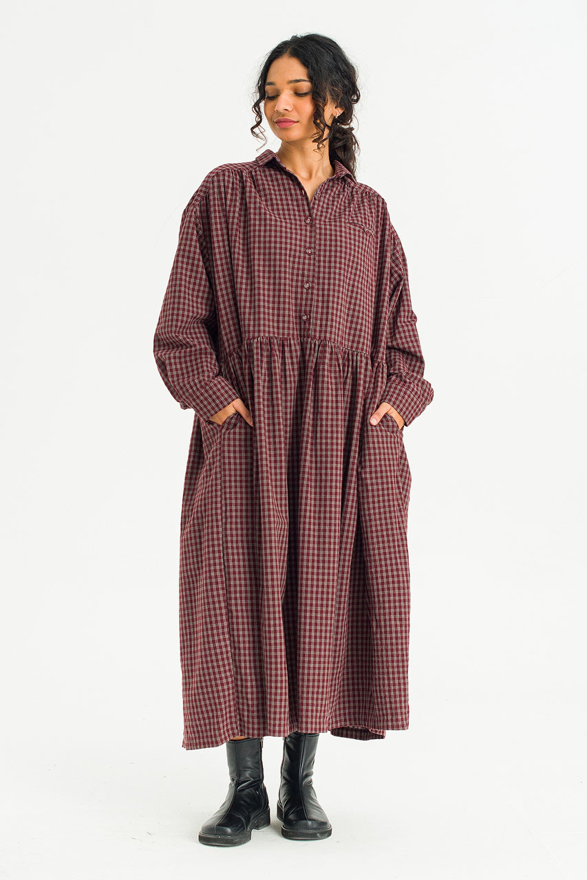 Harbor Check Shirt Dress, Burgundy