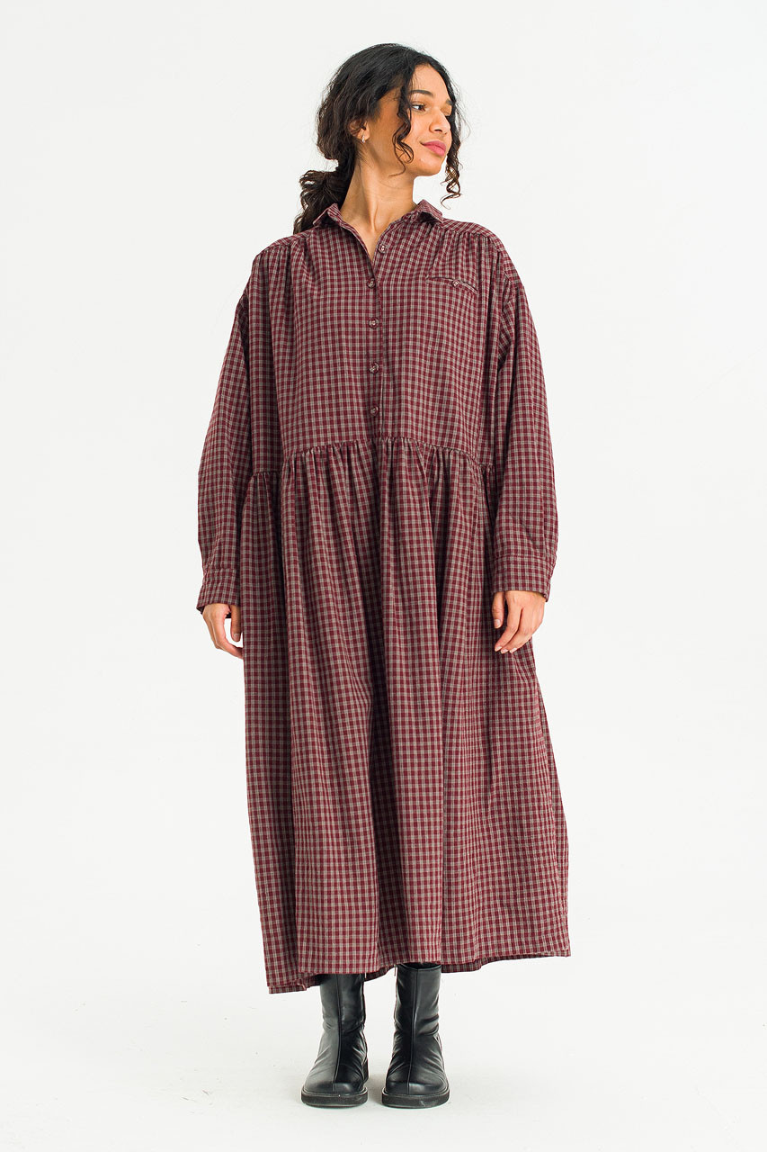 Harbor Check Shirt Dress, Burgundy