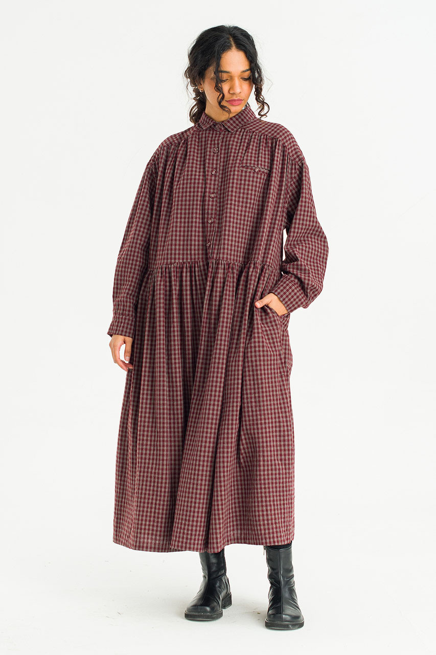 Harbor Check Shirt Dress, Burgundy