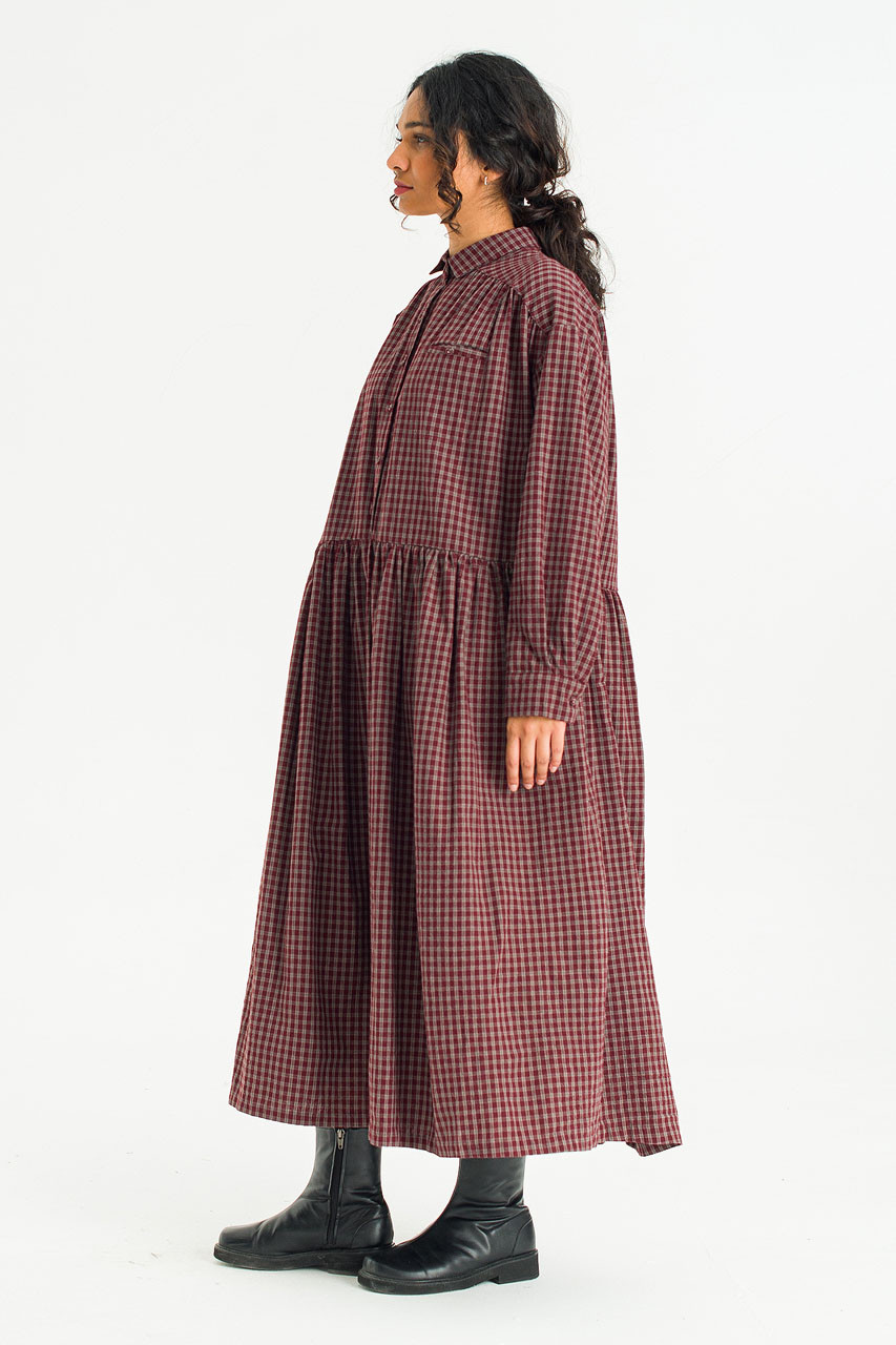 Harbor Check Shirt Dress, Burgundy