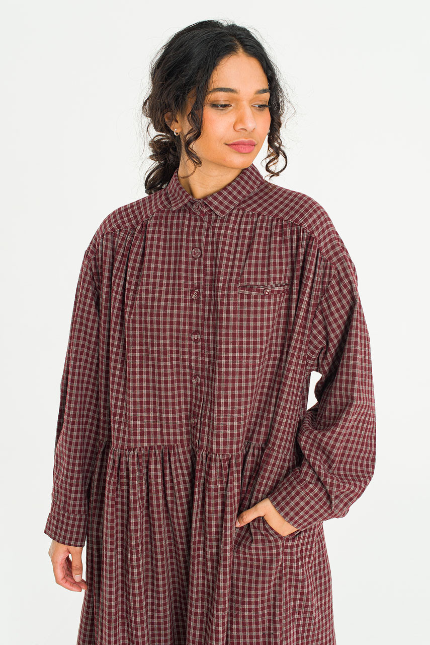 Harbor Check Shirt Dress, Burgundy