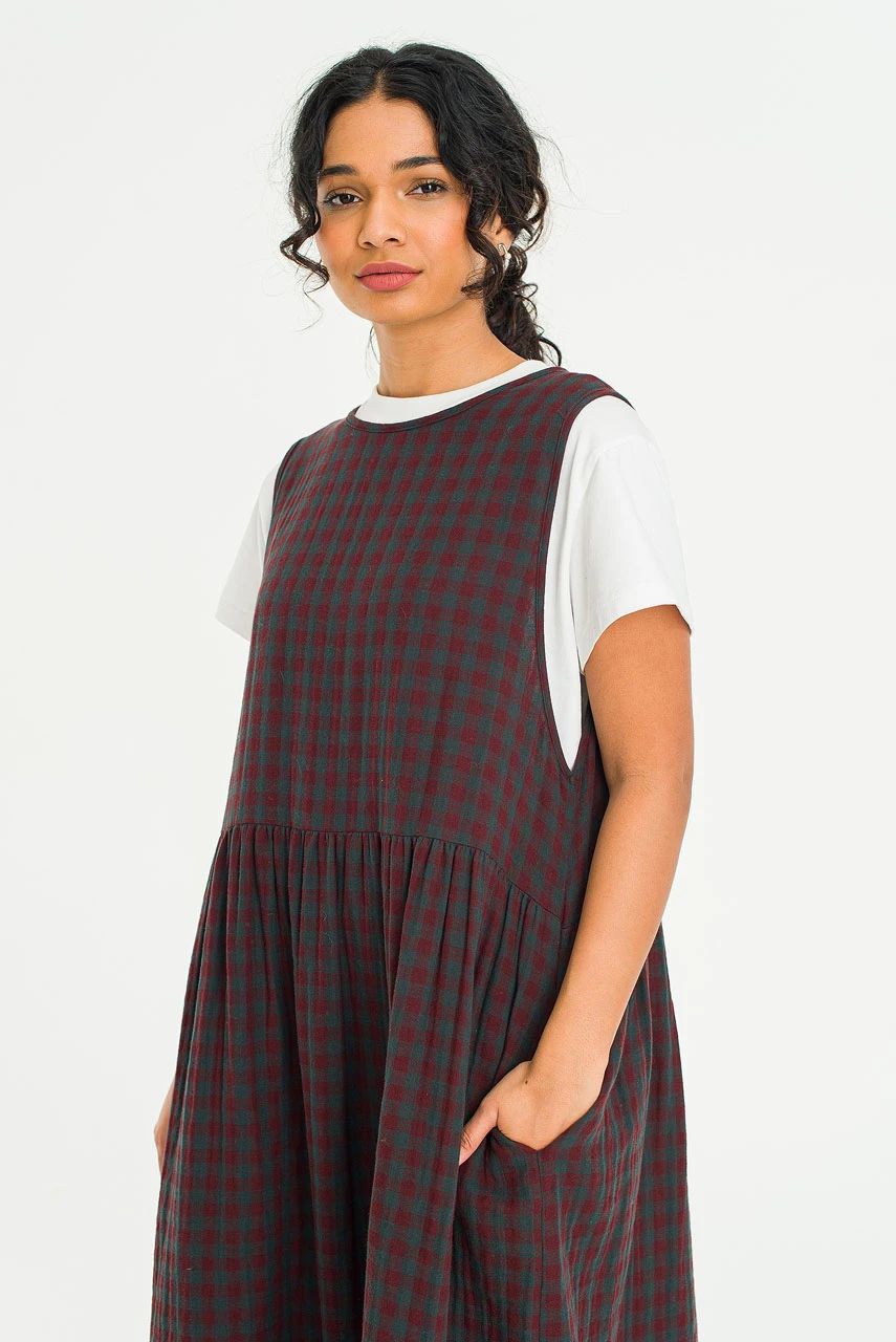 Tasha Check Relax Pinafore Dress, Wine
