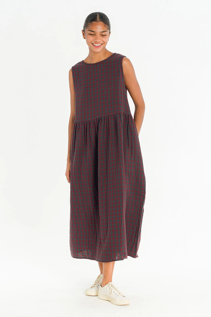 Tasha Check Relax Pinafore Dress, Wine