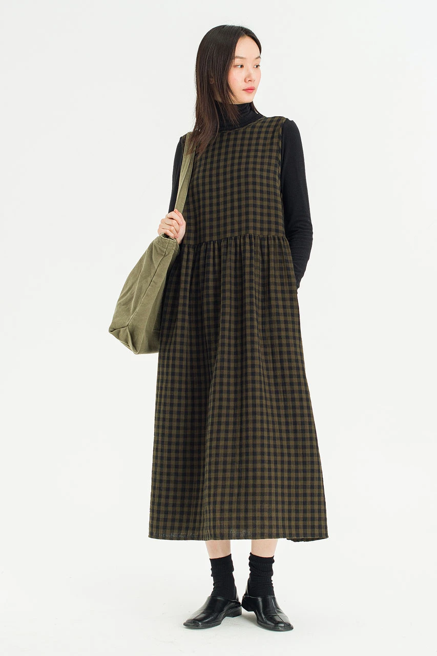Tasha Check Relax Pinafore Dress, Khaki
