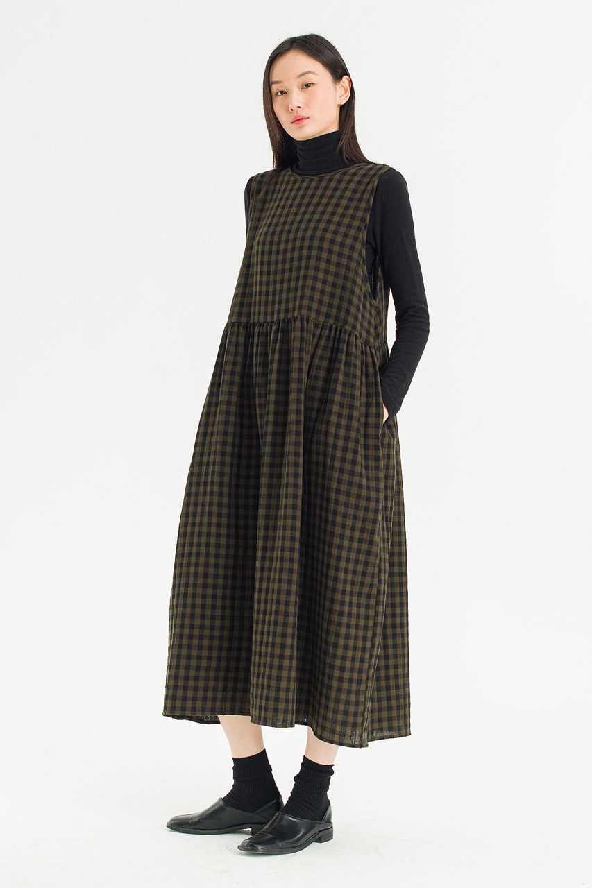 Tasha Check Relax Pinafore Dress, Khaki