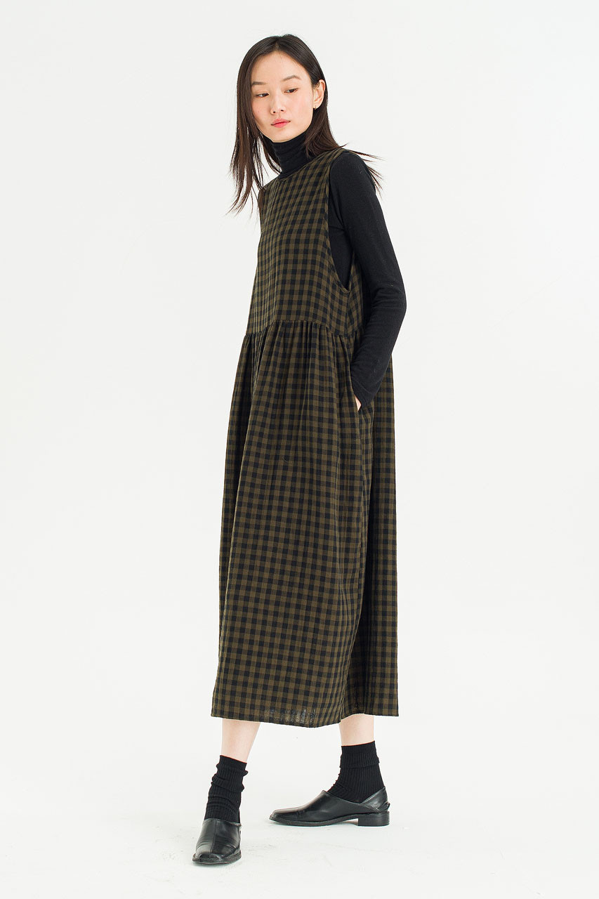 Tasha Check Relax Pinafore Dress, Khaki