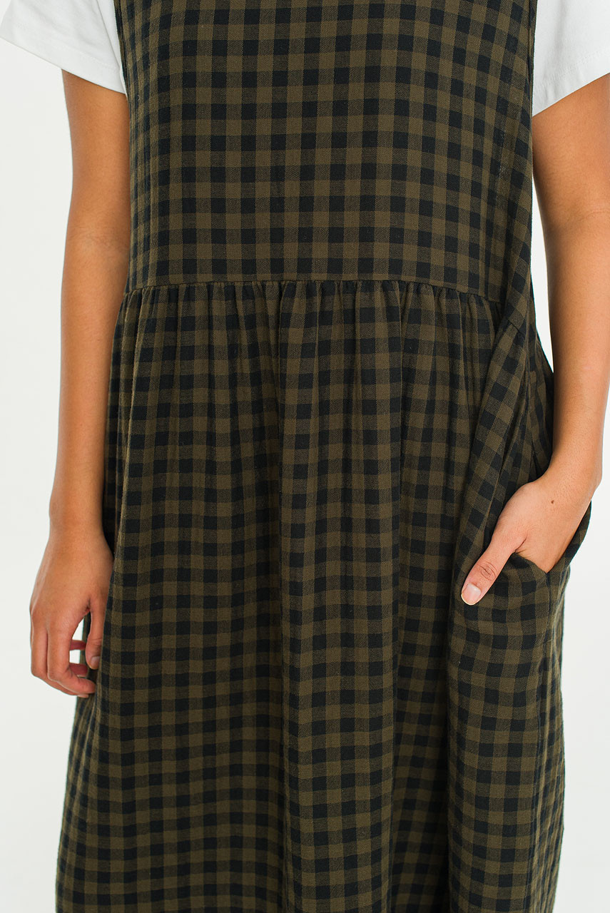 Tasha Check Relax Pinafore Dress, Khaki