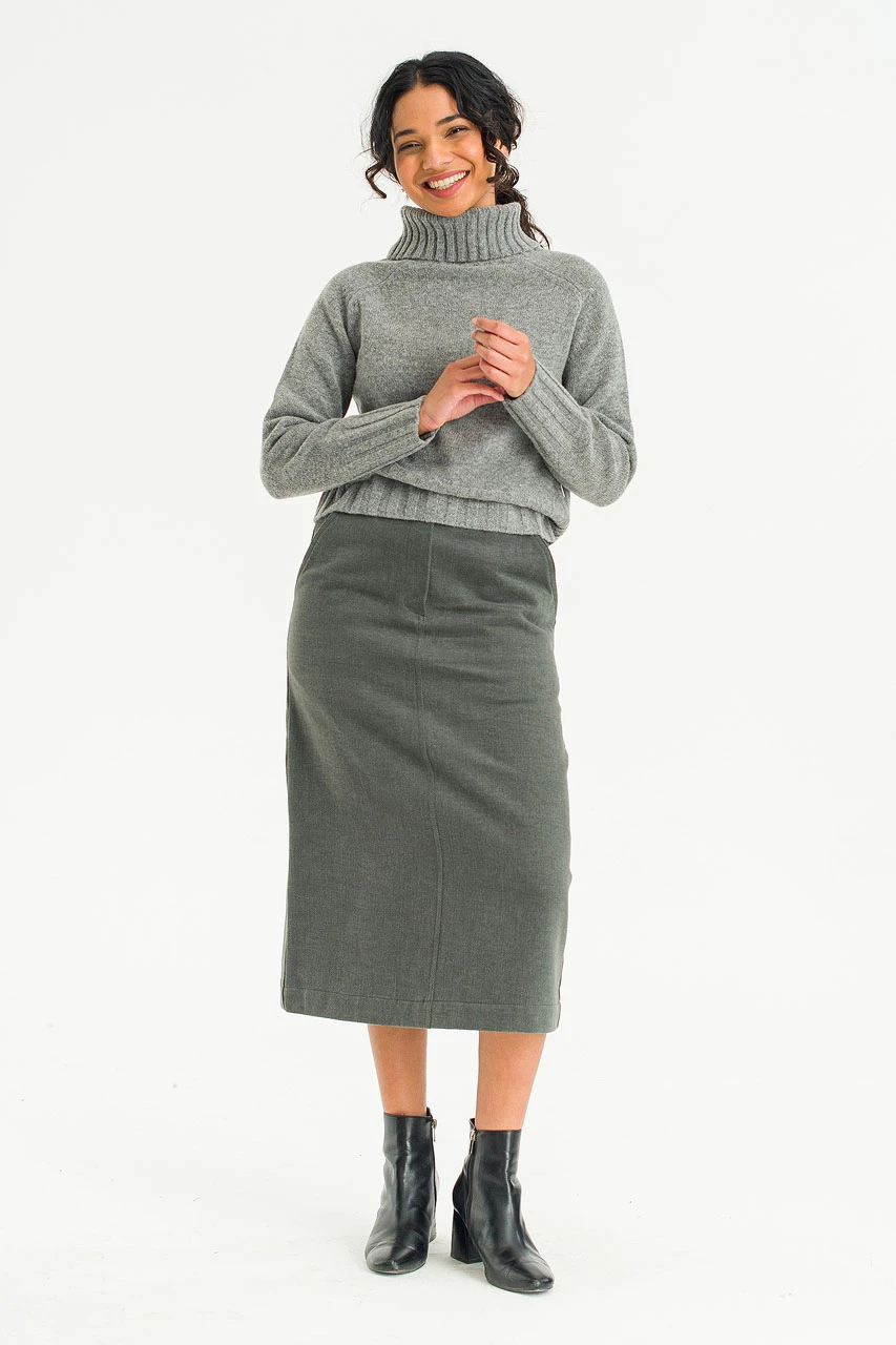 Sage Cotton Mid Length Skirt, Charcoal