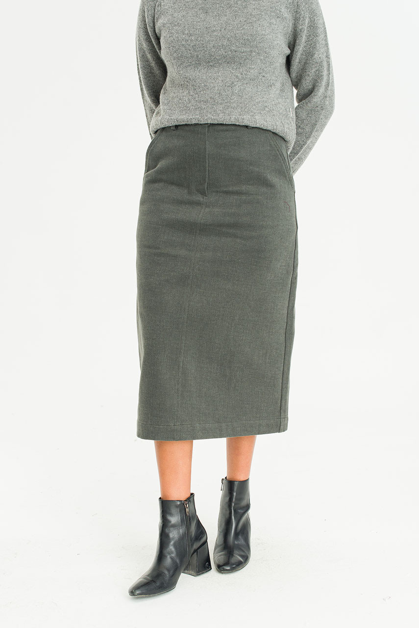 Sage Cotton Mid Length Skirt, Charcoal
