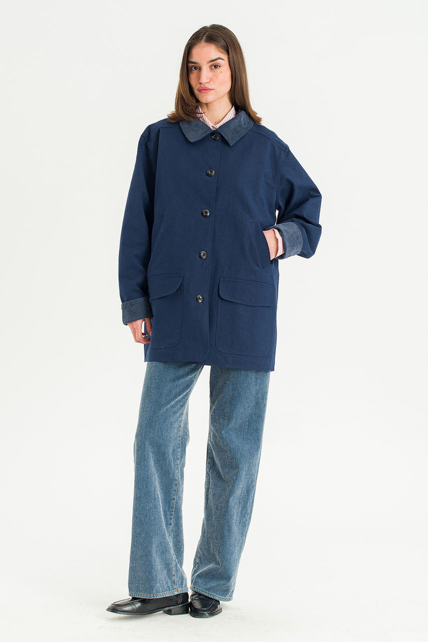 Silent Boxy Contrast Collar Coat, Navy