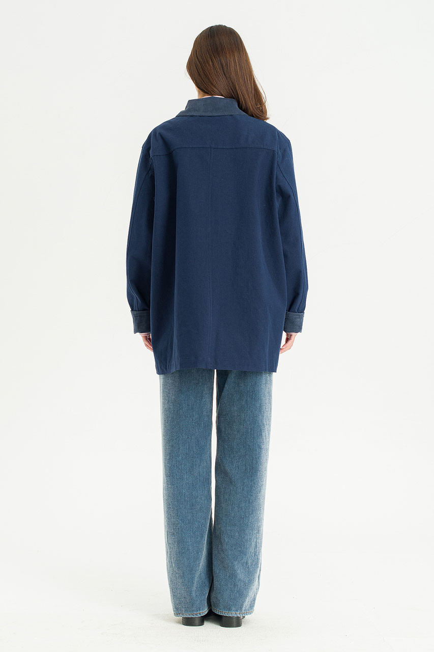 Silent Boxy Contrast Collar Coat, Navy