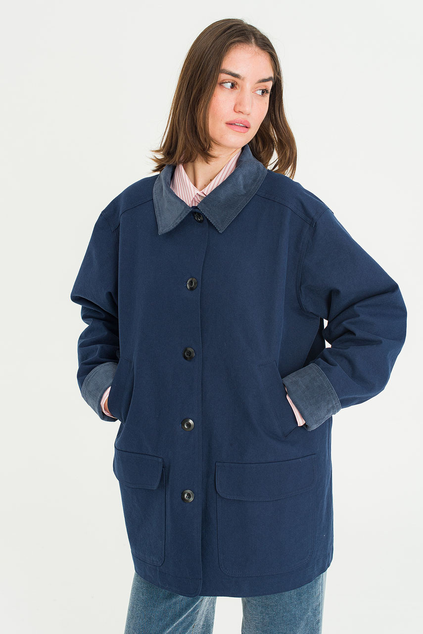 Silent Boxy Contrast Collar Coat, Navy