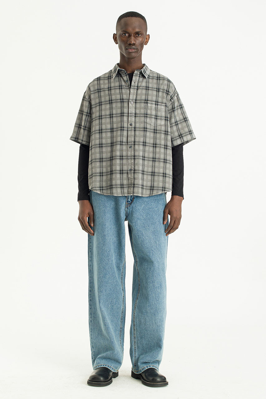 Menswear | Pigment-Dyed Check Shirt, Light Grey