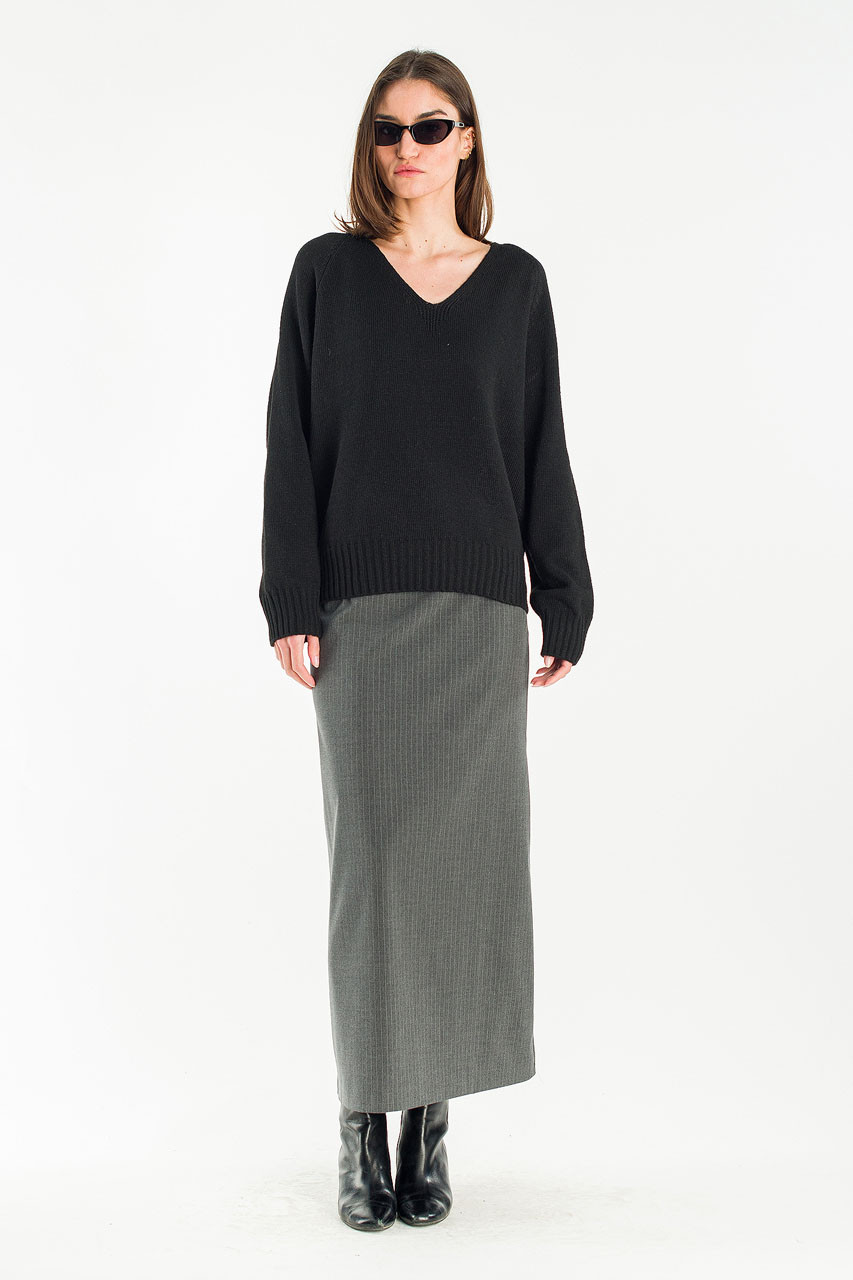 Roma Stripe Long Skirt, Charcoal