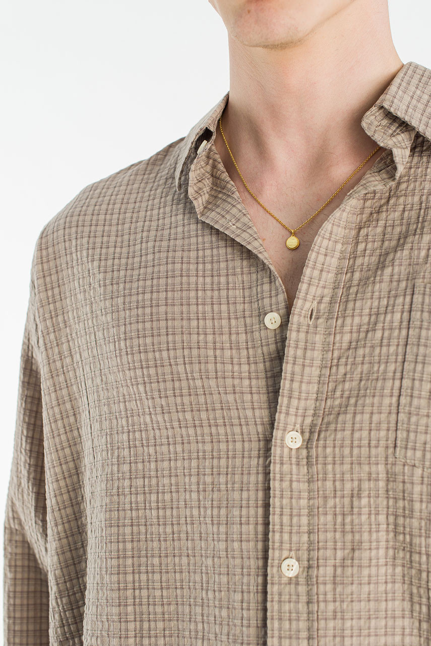Menswear | Check Seersucker Shirt, Dark Beige