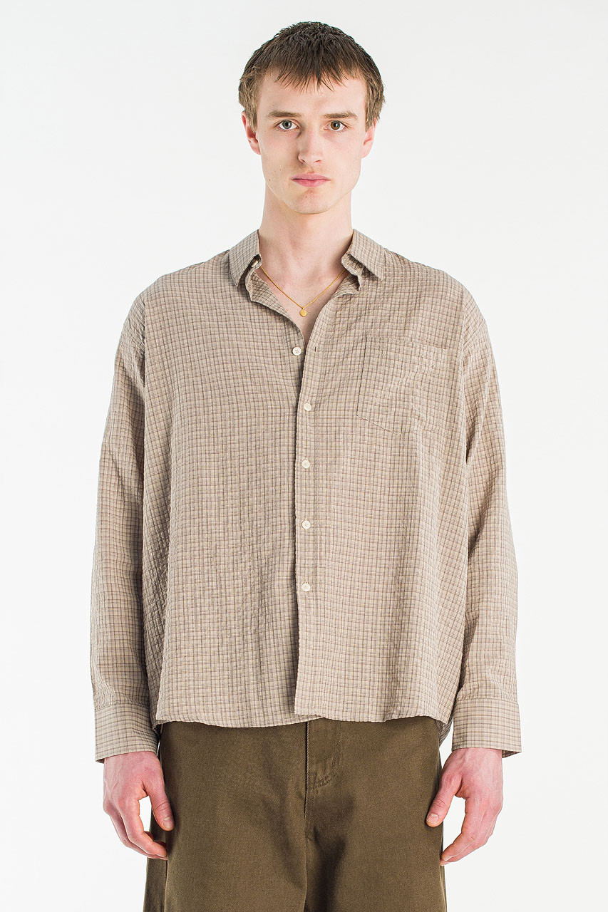 Menswear | Check Seersucker Shirt, Dark Beige