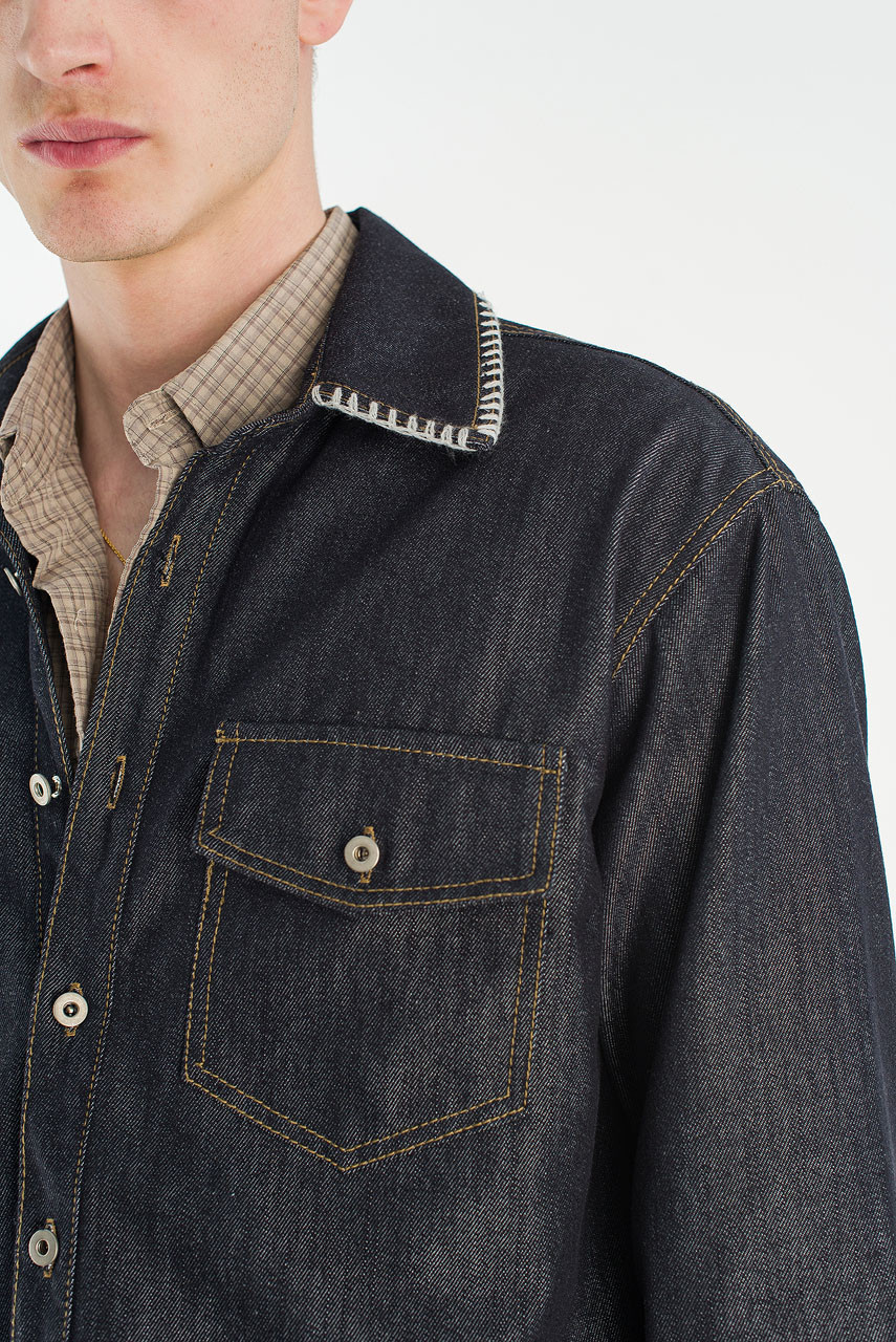 Menswear | Stitch Denim Crop Shirt, Indigo