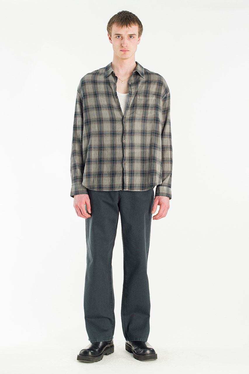 Menswear | Long-Sleeve Pigment-Dyed Check Shirt, Dark Blue
