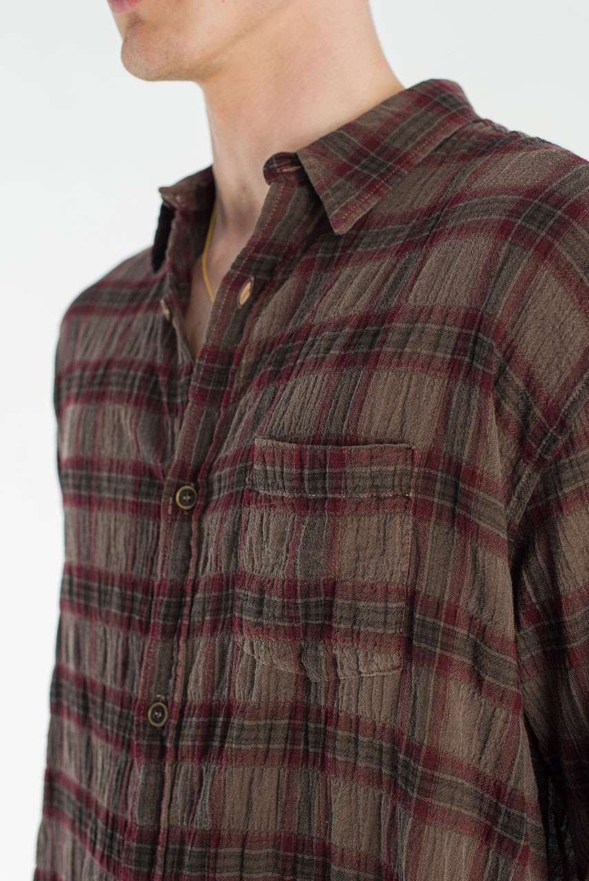 Menswear | Long-Sleeve Pigment-Dyed Check Shirt, Brown