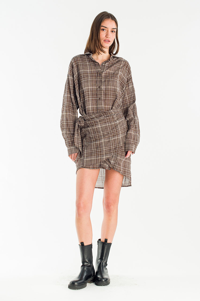 Bea Check Wrap Dress, Brown