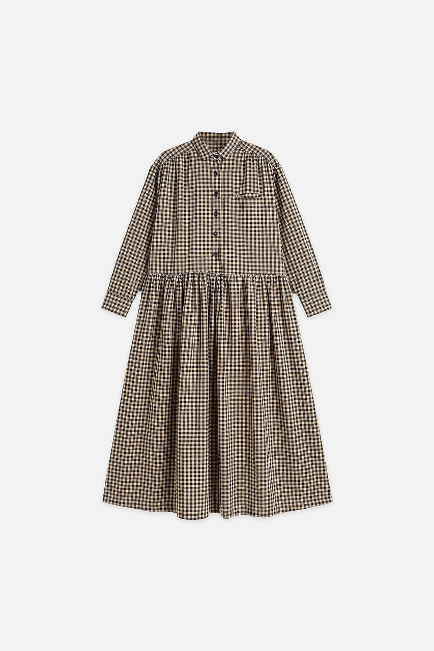 Lea Boxy Gingham Shirt Dress, Black