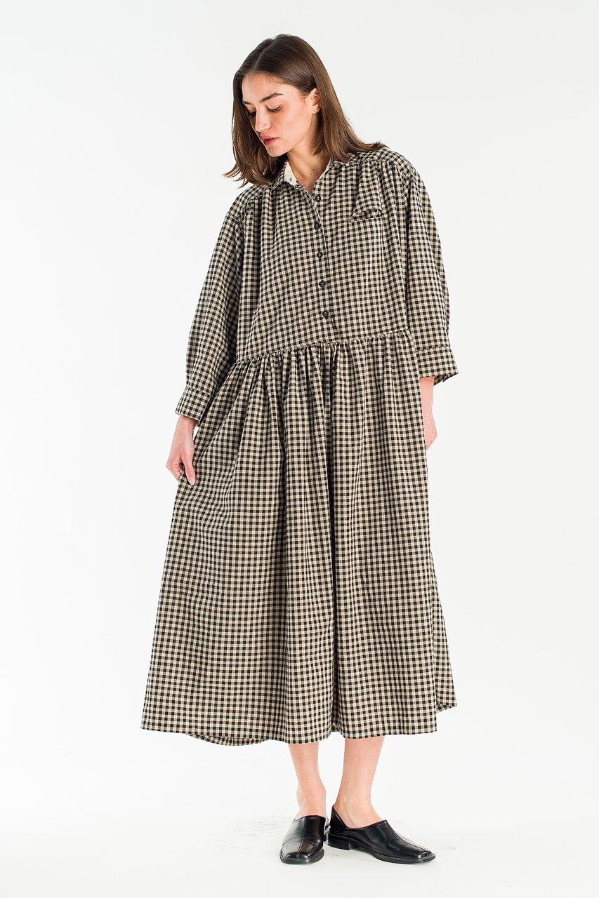 Lea Boxy Gingham Shirt Dress, Black