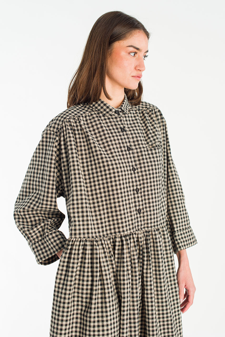 Lea Boxy Gingham Shirt Dress, Black