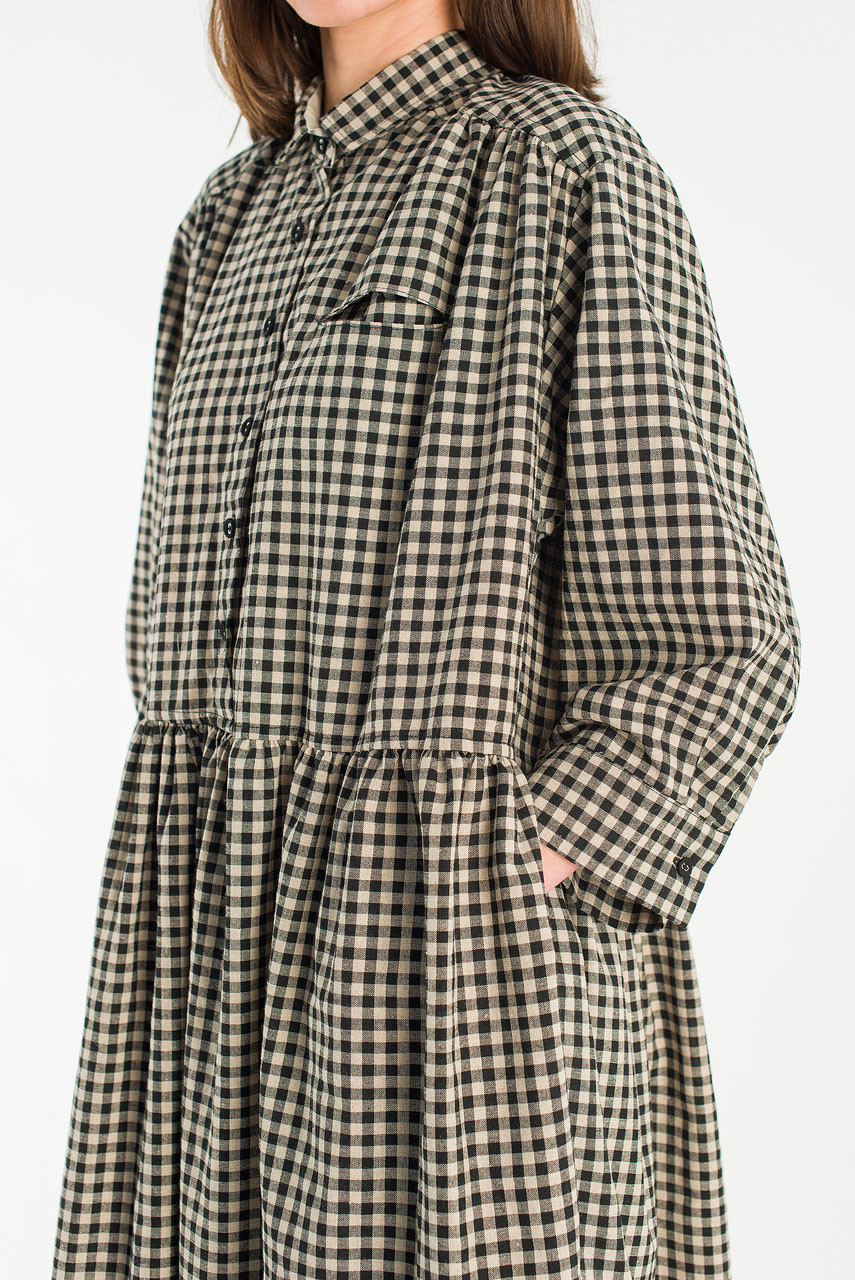 Lea Boxy Gingham Shirt Dress, Black