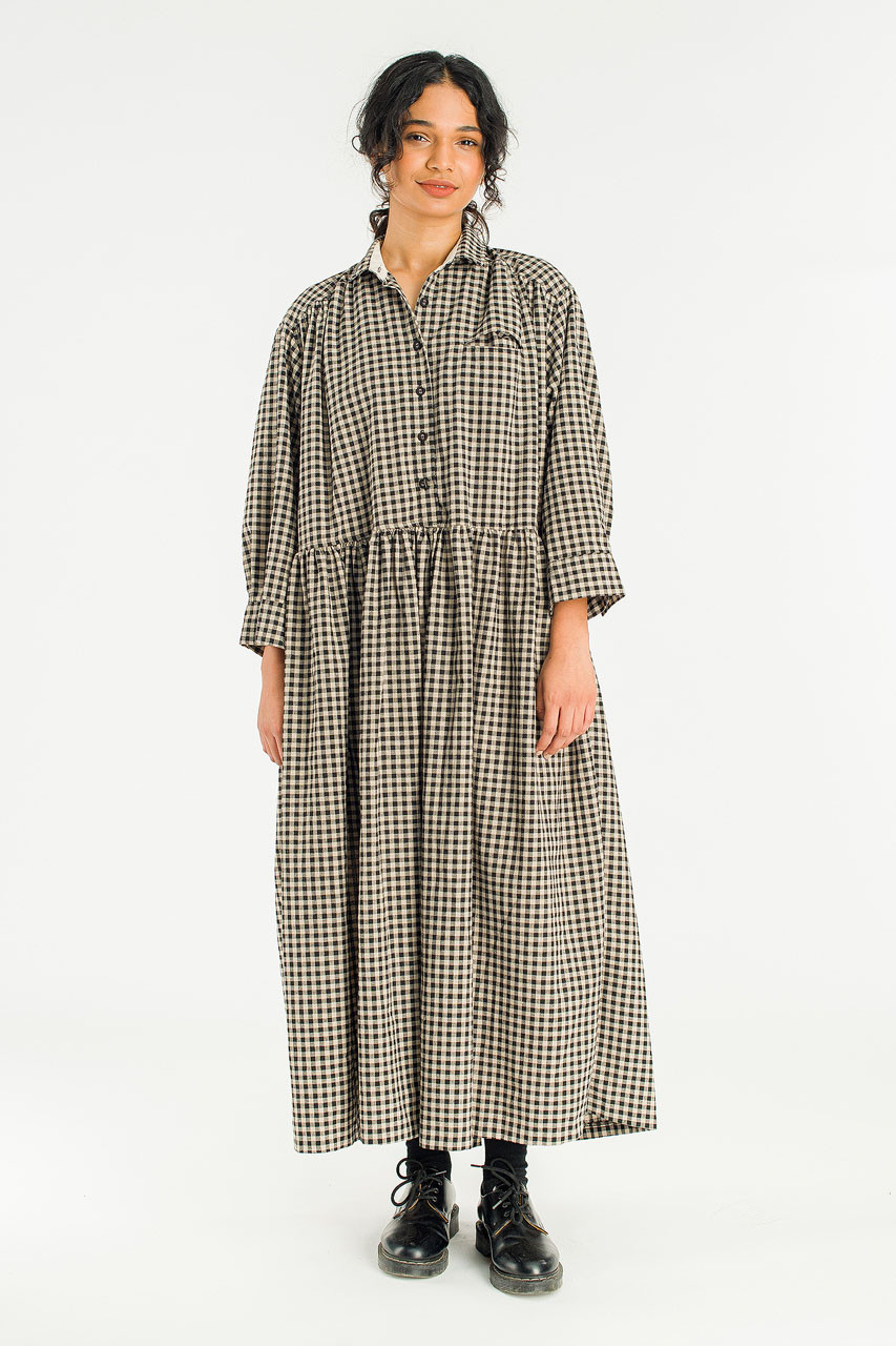 Lea Boxy Gingham Shirt Dress, Black