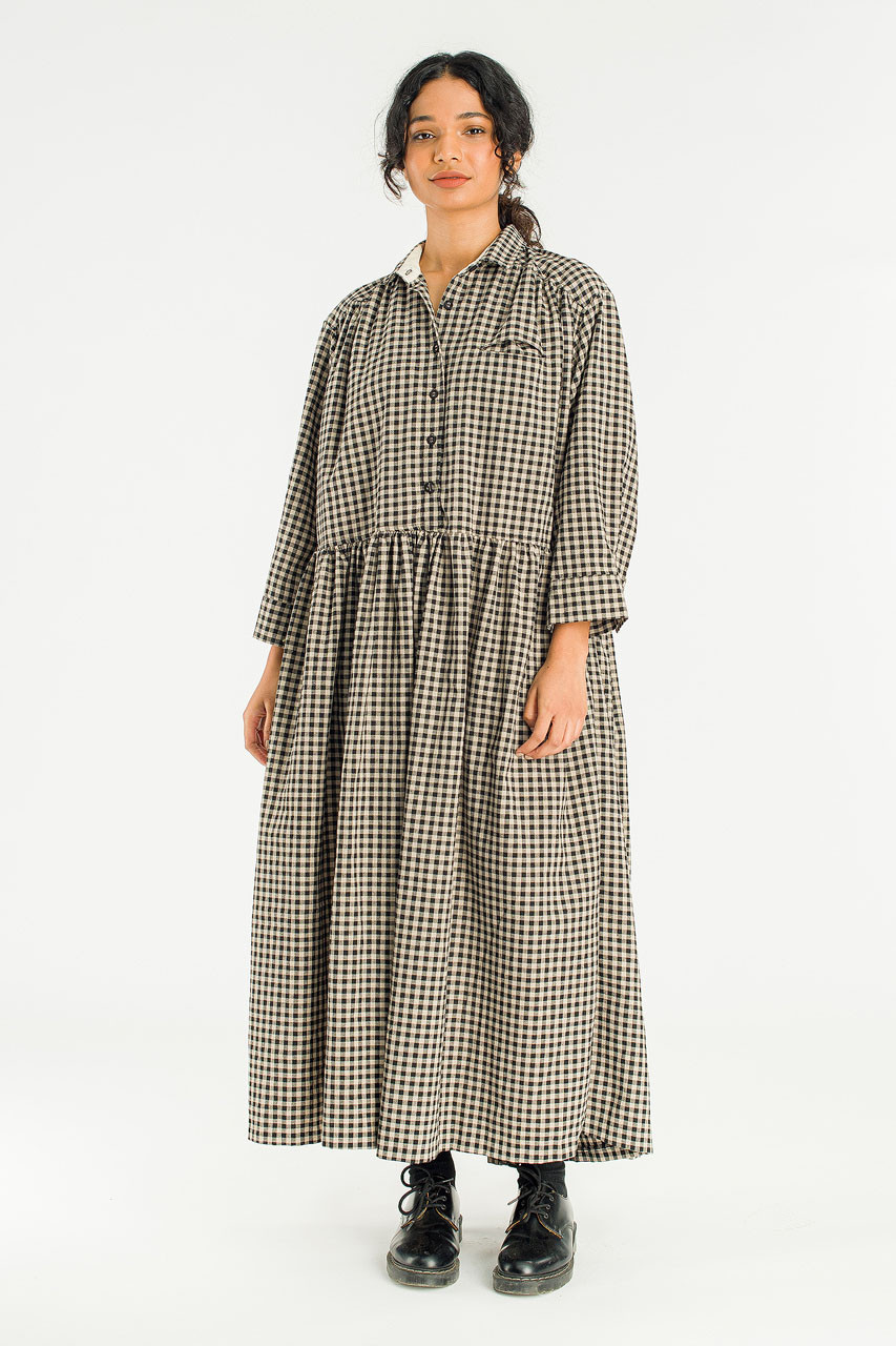 Lea Boxy Gingham Shirt Dress, Black