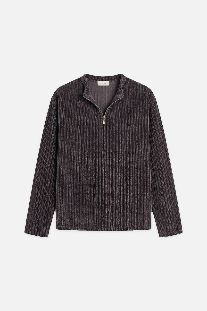 Menswear | Velour Zipper Henley Tee, Charcoal