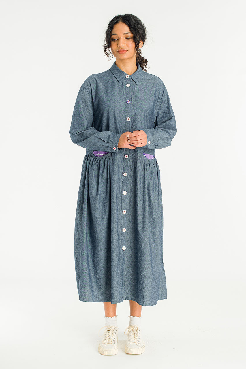 Pocket Sheering Dress, Mid Blue