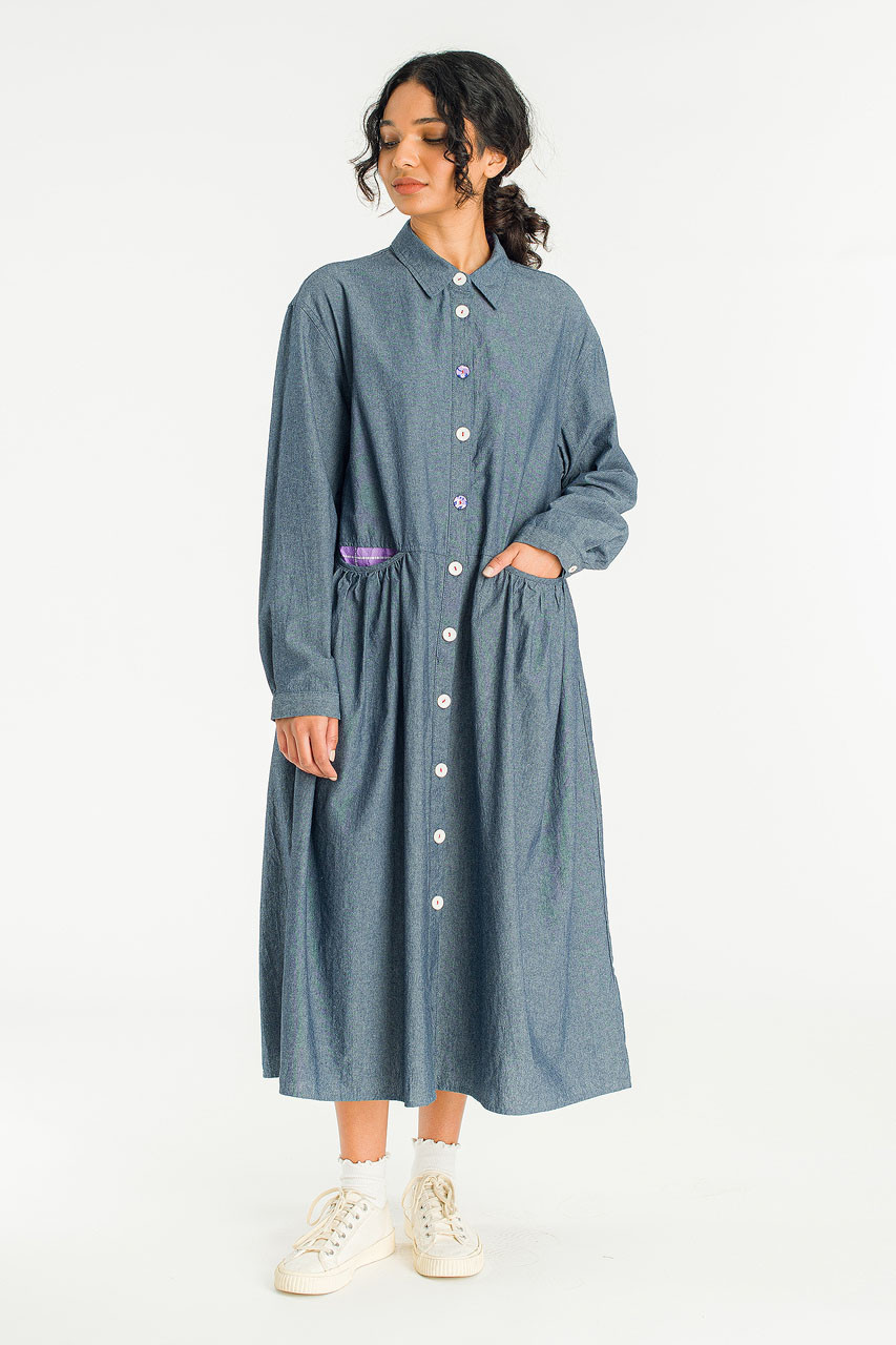 Pocket Sheering Dress, Mid Blue
