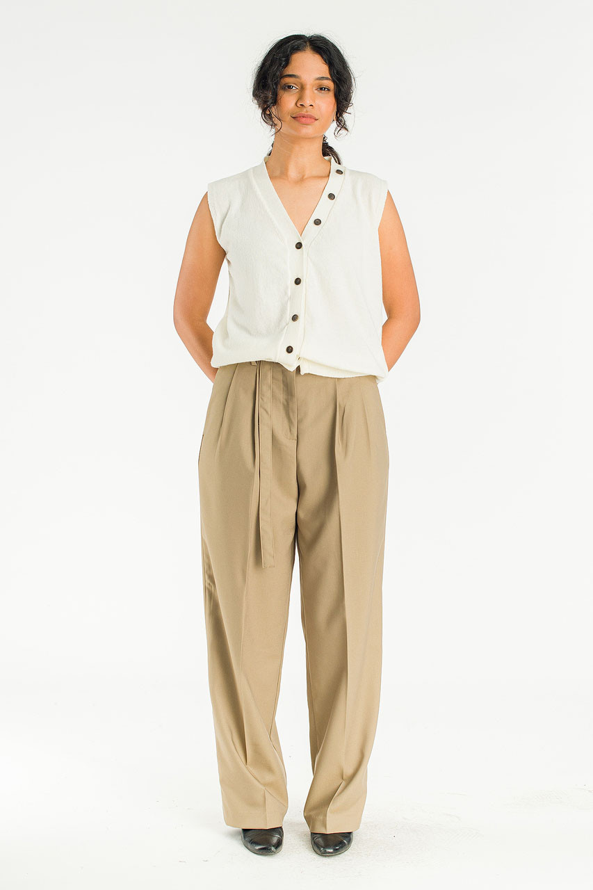 Manon Belted Slacks, Khaki Beige
