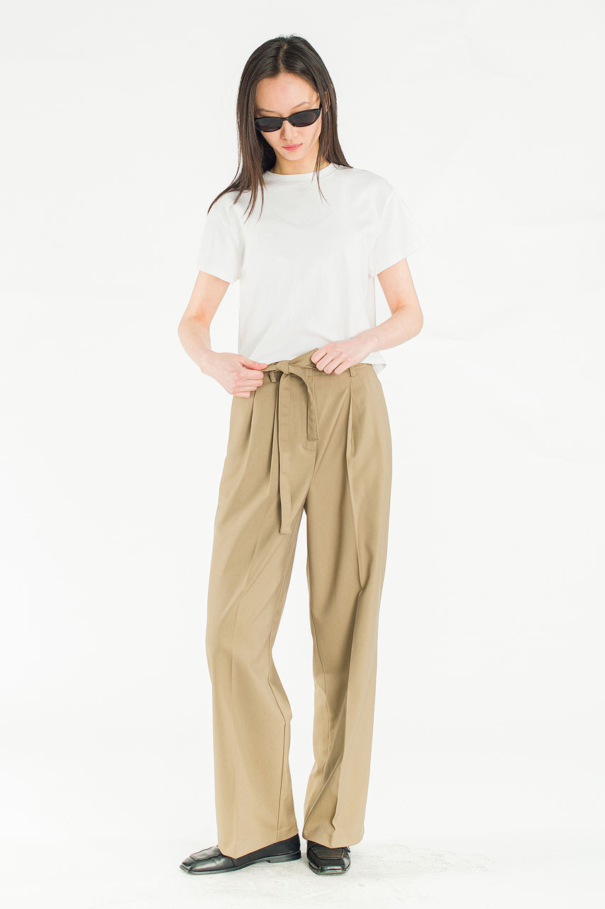 Manon Belted Slacks, Khaki Beige
