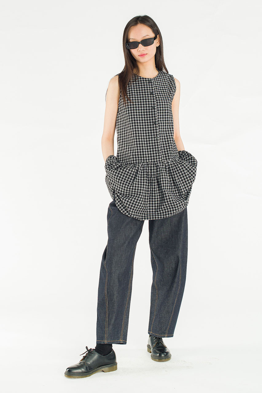 Fara Check Frill Mini Dress, Black