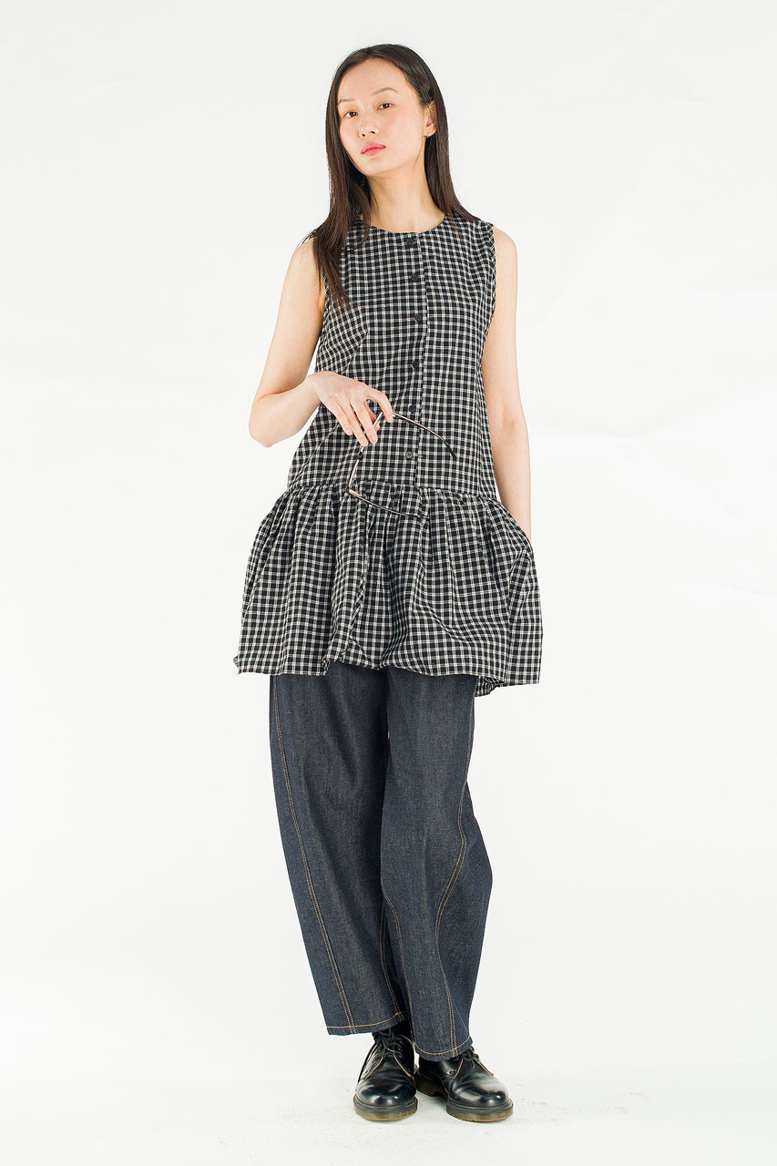 Fara Check Frill Mini Dress, Black